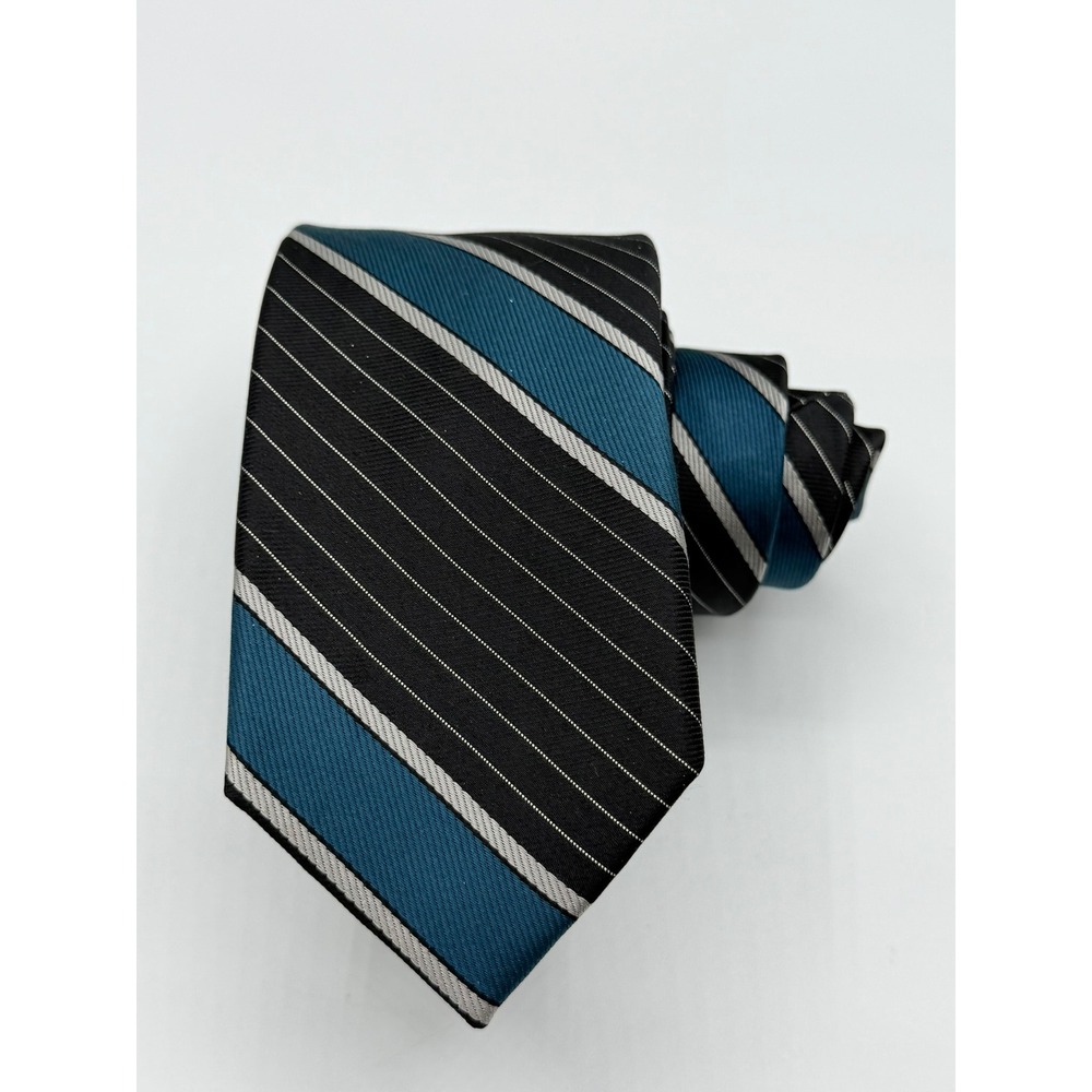 Jos A Bank Joseph Slim Silk Necktie Black Teal Silver Striped Hand Finished